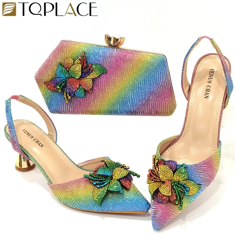 Elegant Elastic Band Shoes and Bag Set with stones African Set Italian  Heel  Ladies Shoes And Matching Purse For Evening Party
