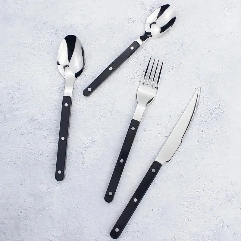 Stainless steel high quality flatware cutlery fork spoon knife flatware juego cubiertos acero inox tableware with plastic handle