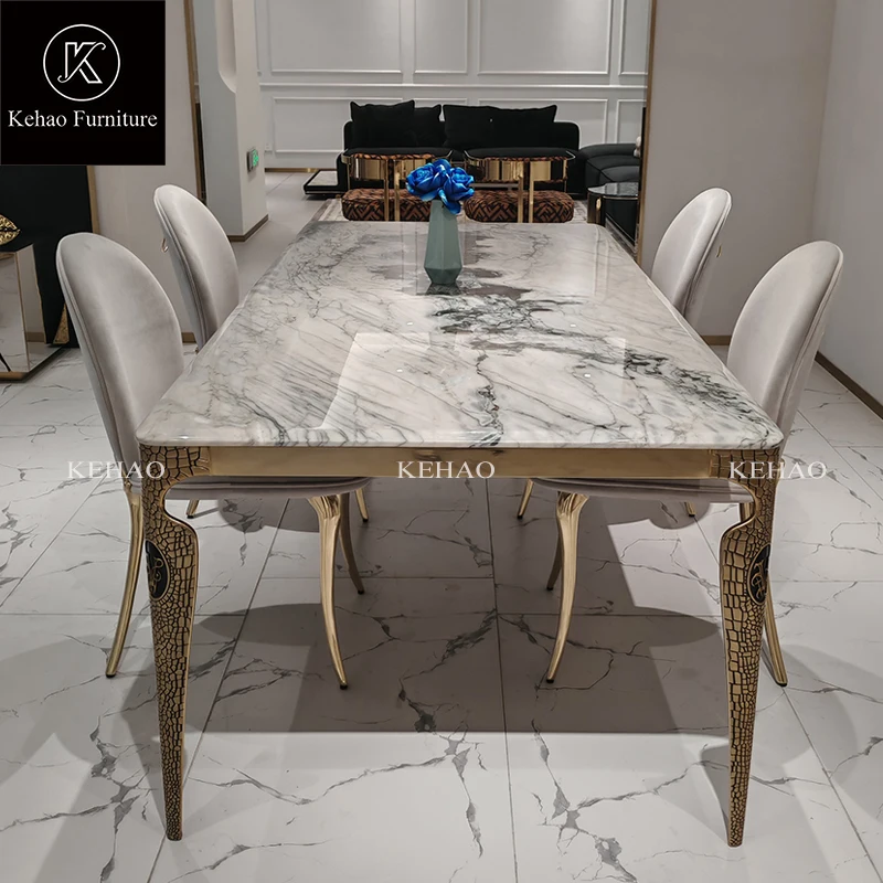 Luxury Unique Design Stainless Steel Dining Tables And Chairs Marble Rectangular Modern Dining Table Set