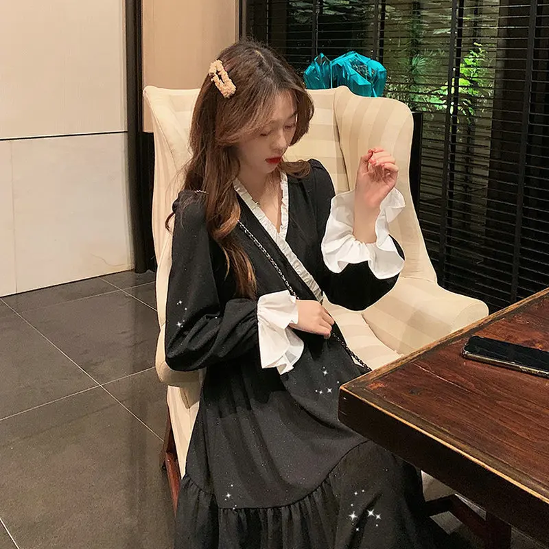 2021 Korean Style Black Autumn Women Dress Vintage Dresses Spring Long Lotus Sleeve Dress