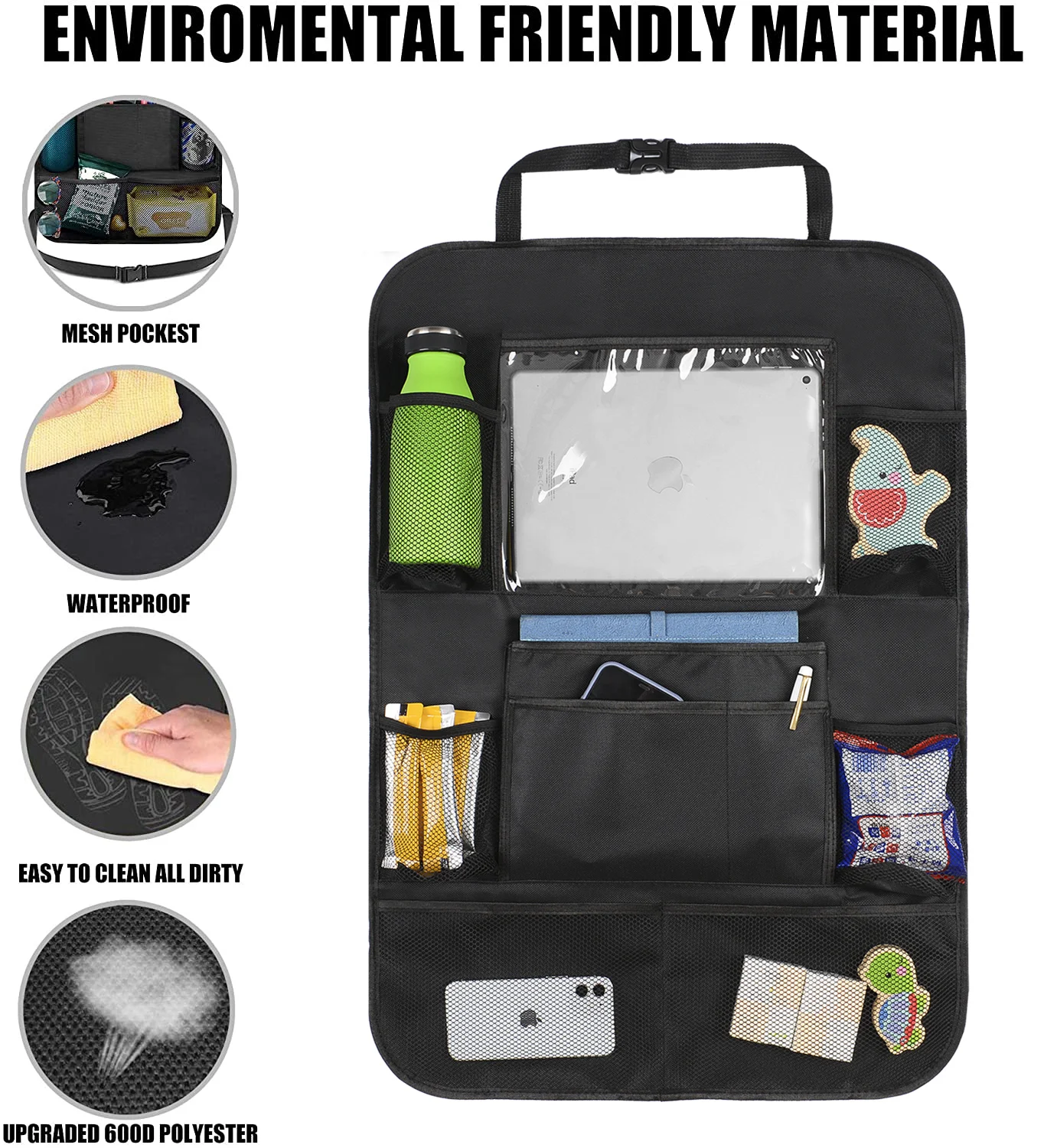 Trunk anti-kick hanging organizer bag car storage backseat with touch screen tablet
