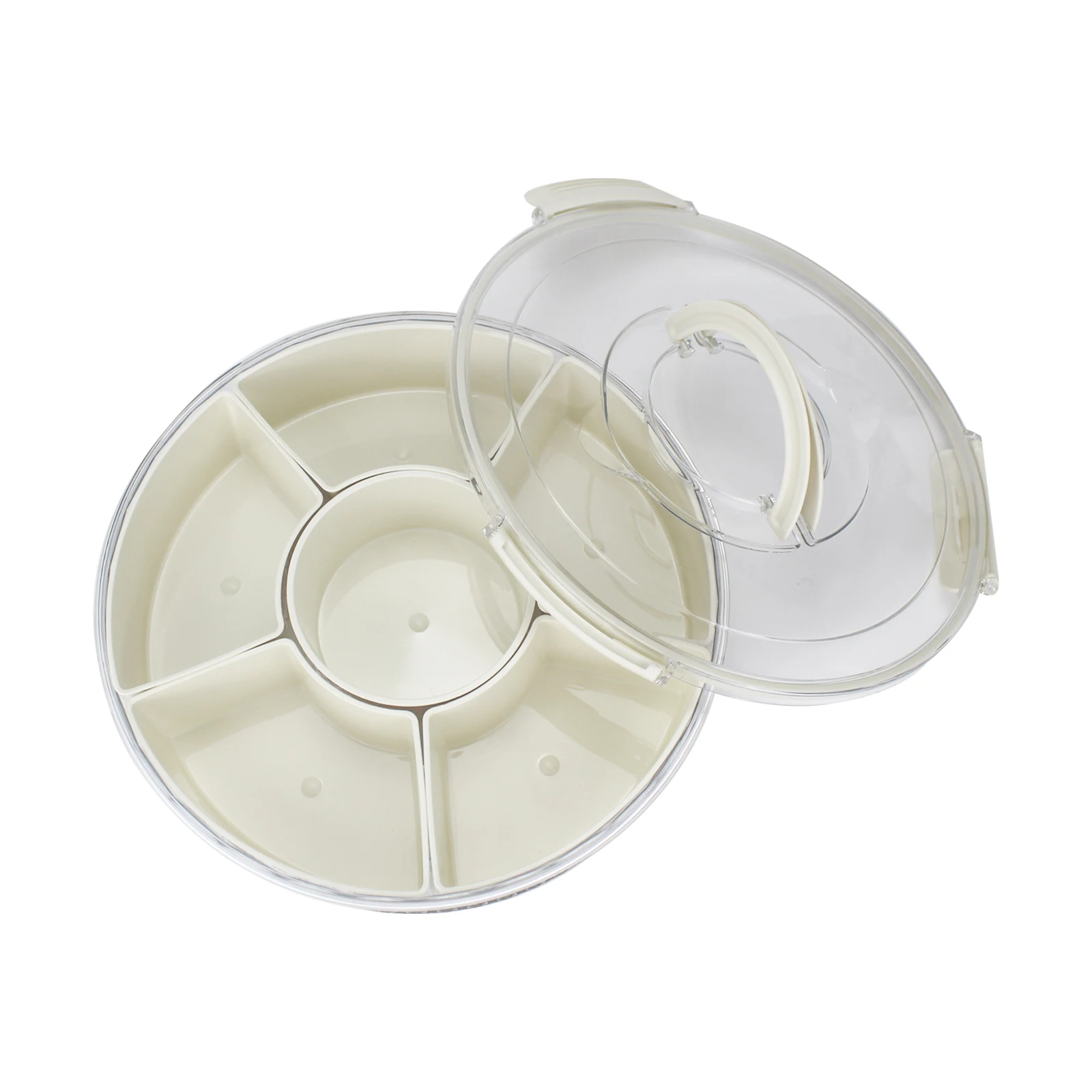 Round Divided Veggie Serving Tray With Lid And Handle Portable 6 Compartment Fresh Keeping Food Storage Snack Box Container
