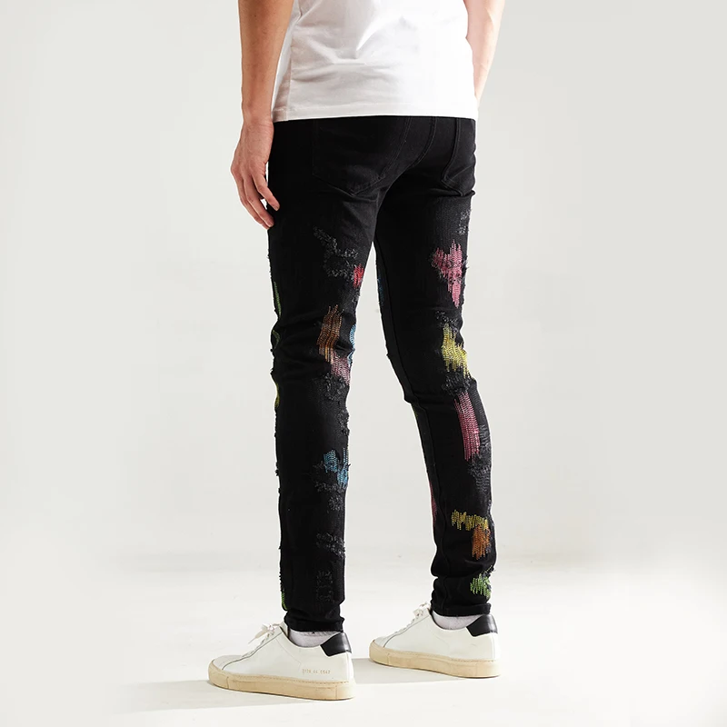 DiZNEW Plus Size Pocket Jeans Denim Factory Custom Fashion Men High Quality Man Jeans Black Beading Rhinestone Jeans For Man