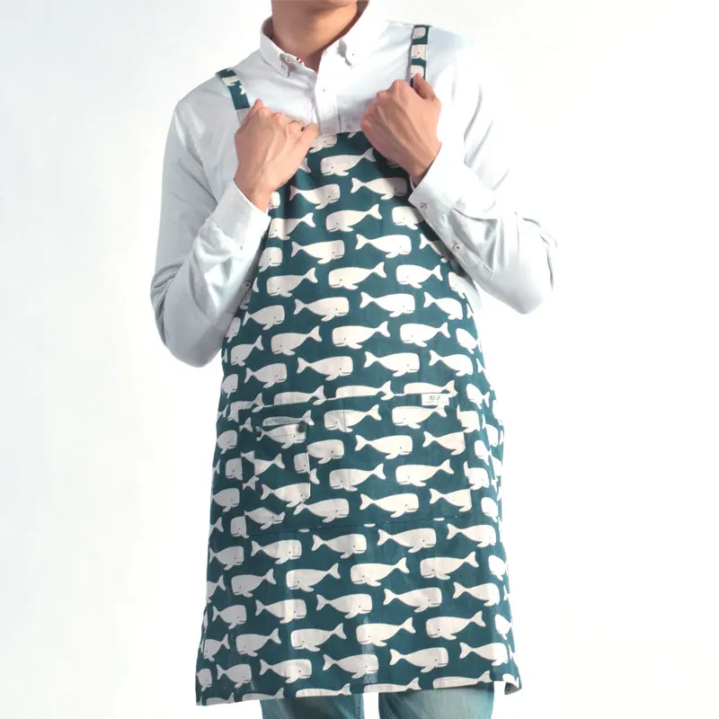 Cheap Fashion Cute Fish Printing Cotton and linen fabric Family Kitchen Apron coffee work clothes apron  Waiters Uniform Apron