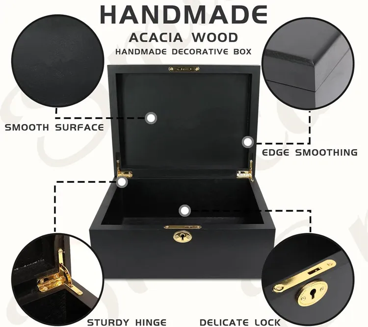 Large Capacity Antique Acacia Wood Keepsake Organizer Case Handmade Black Wooden Jewelry Storage Box With Hinged Lid
