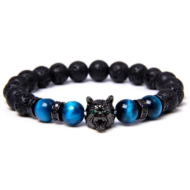 8MM Tiger Eye Stone Matte Beads Micro Pave Zircon Wolf Head Cool Bracelets for Boys