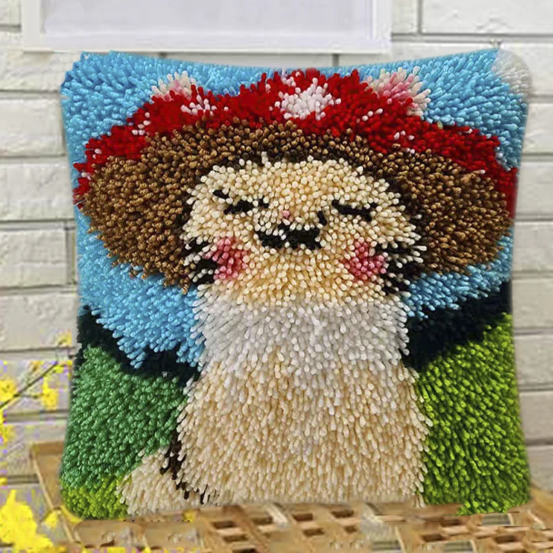 Custom DIY Yarn Art and Craft Pre Printed Canvas Throw Pillow Cover Sunflower Latch Hook Kits for Adults Pillow