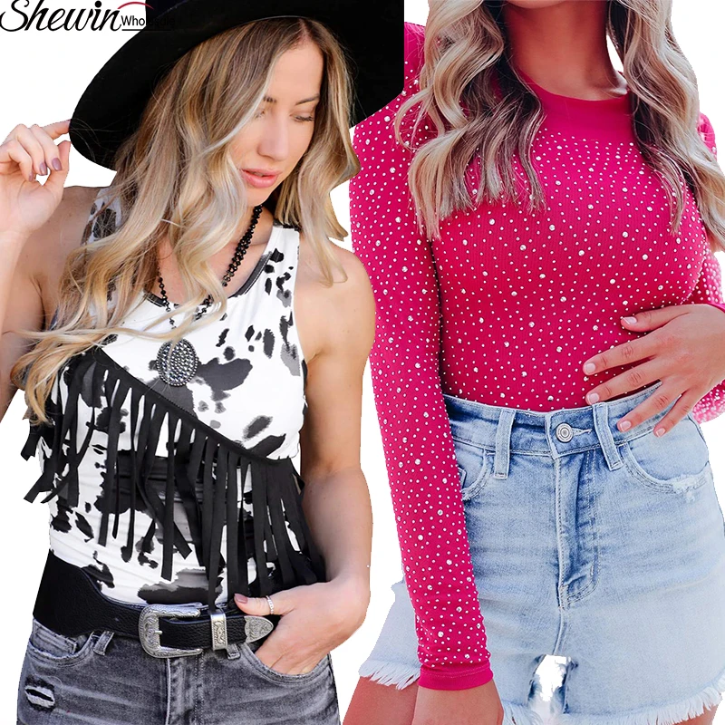 Trending Spring Clothes Rhinestone Elegant Long Sleeve Bodysuits For Women Sexy