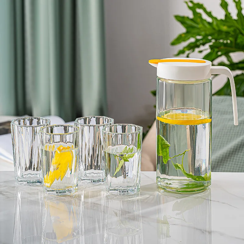 32oz 1Liter Round Glass Water Juice Jug With 4pcs Glass Cup Glass Drinking Set For Coffee Juice