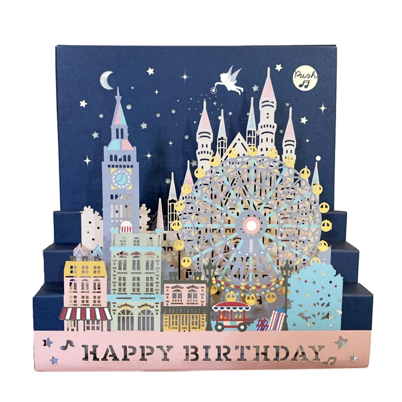 Low price 3D pop up greeting gift cards with music and lights happy birthday sound cards for promotional