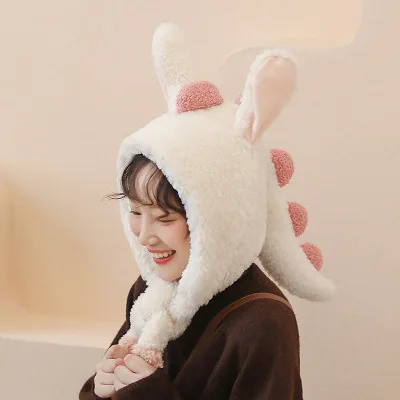 New Tik Tok Dinosaur Bunny Ear with Air Pump Moving Plush Winter Earflap Warm Hats