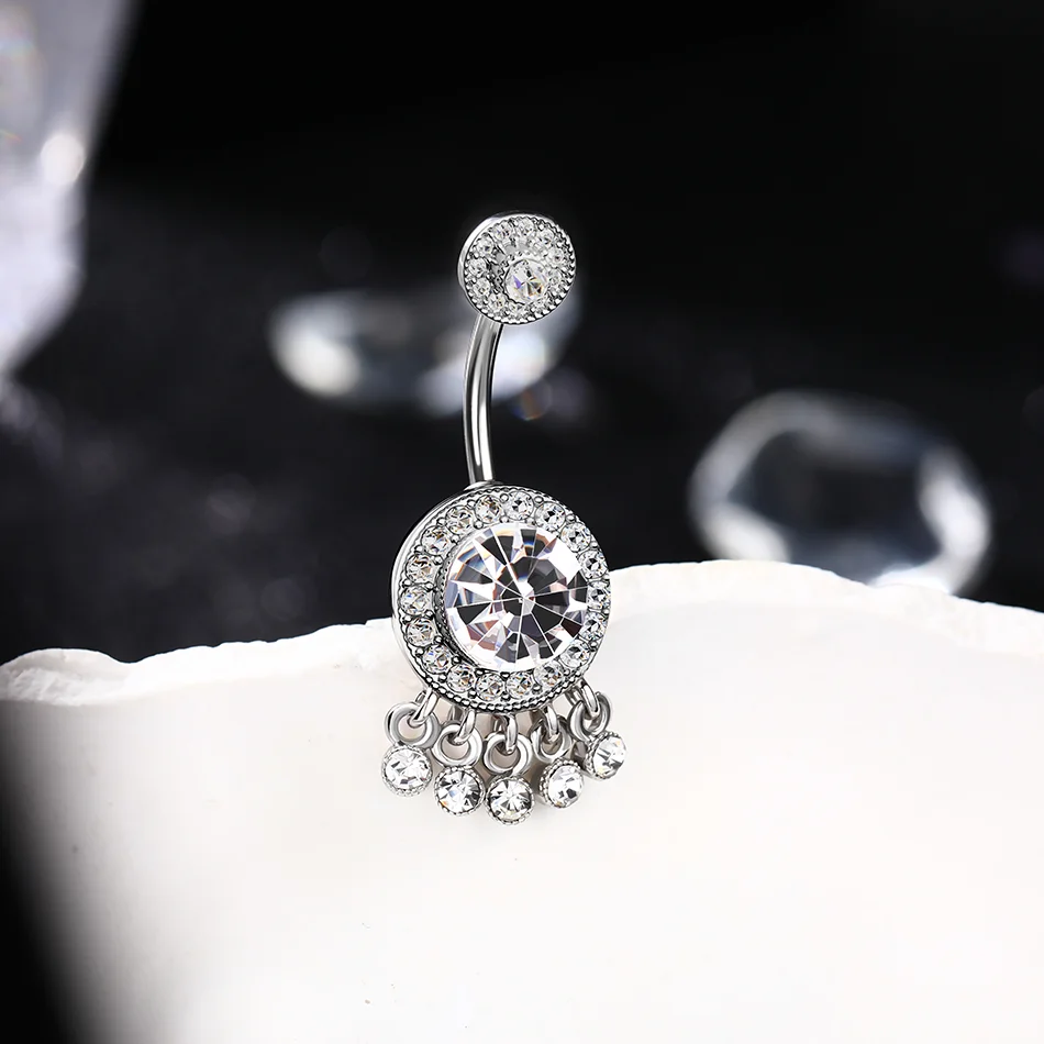 Body Jewelry Internally Threaded Surgical Steel Large Double Tier Pave CZ Belly Ring With Little Diamond Paved Jewelry