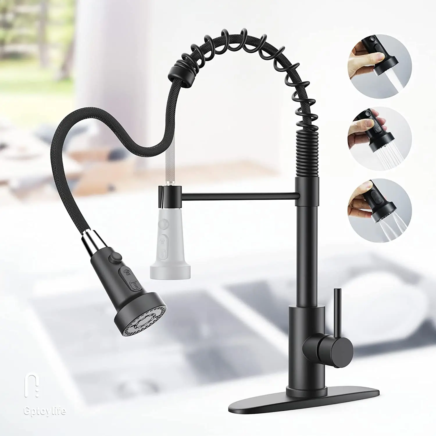 Amazon Stainless Steel Kitchen Faucet Pull Out Functions Spring flexible Matte Black Kitchen sink Faucets with Pull Down Sprayer