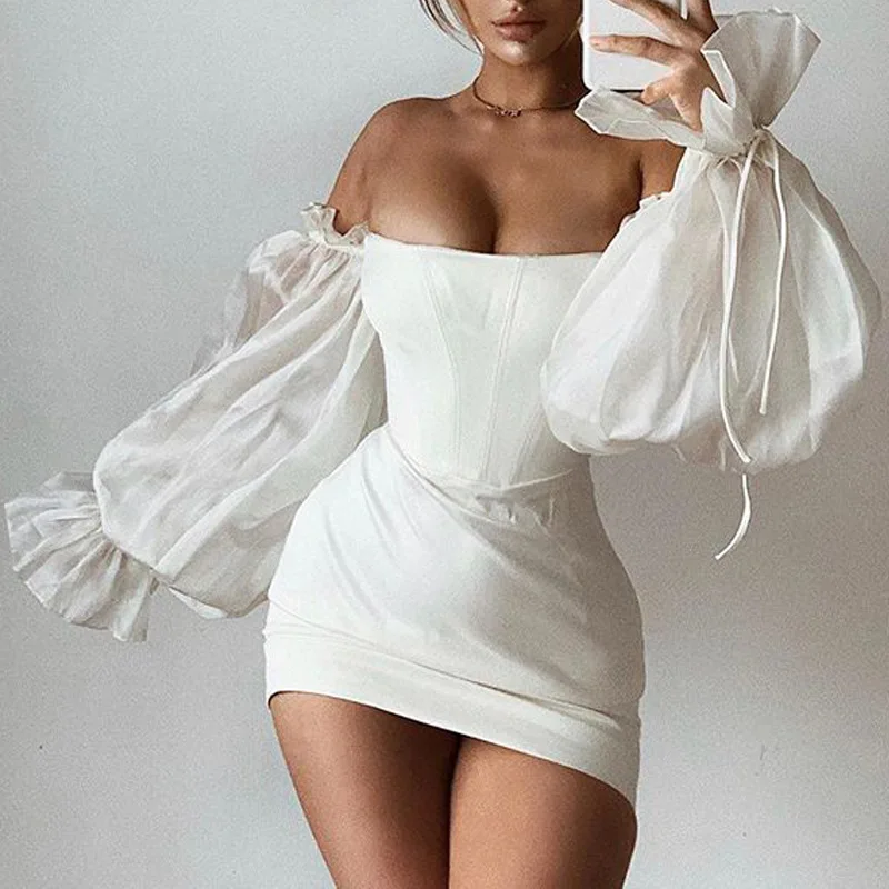 fall fashion women 2020 sexy strapless one-word neck big lantern sleeve long sleeve tube top dress