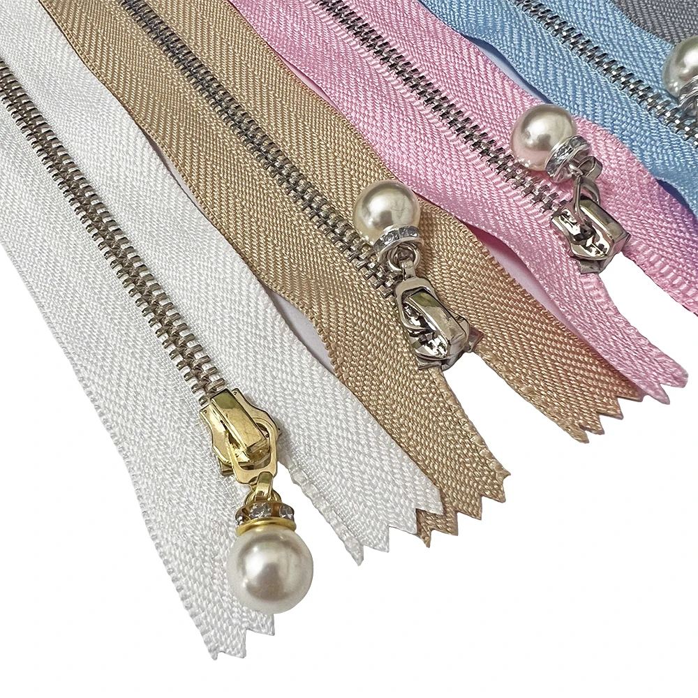 Wholesale Fancy Pearl Puller Custom Open Closed End #3 #5 #8 Gold Silver Decorative Pearl Slider Metal Zipper