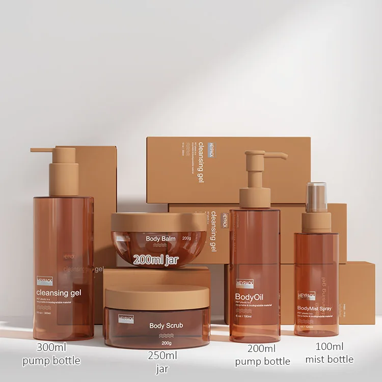 Eco-friendly recycling clear amber PET plastic 100ml 200ml 250ml hair shampoo body gel pump bottle packaging