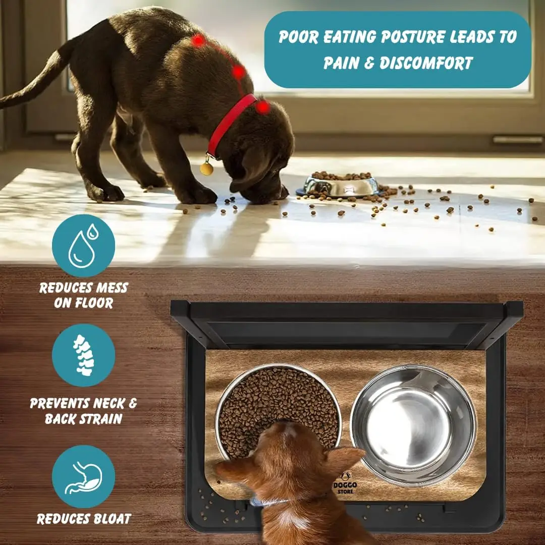 Wood  Height Adjustable Dog Bowl Stand with Slow Feeder and Non Slip Dog Food Mat and Stainless Steel Elevated Dog Bowls