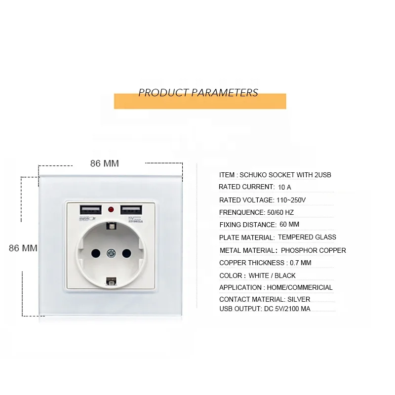European standard wall schuko socket with 2 USB charger ports electrical 1 gang socket outlet with usb