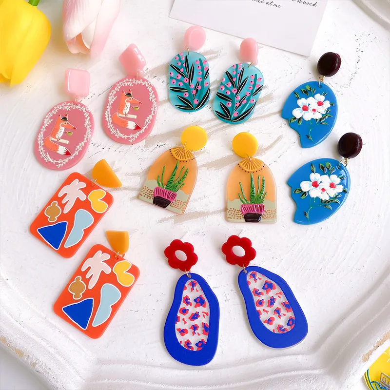 Fashion Trendy Jewelry 2023  DIY  Graffiti Flower Resin Acrylic Dangle Polymer Clay designer Earrings