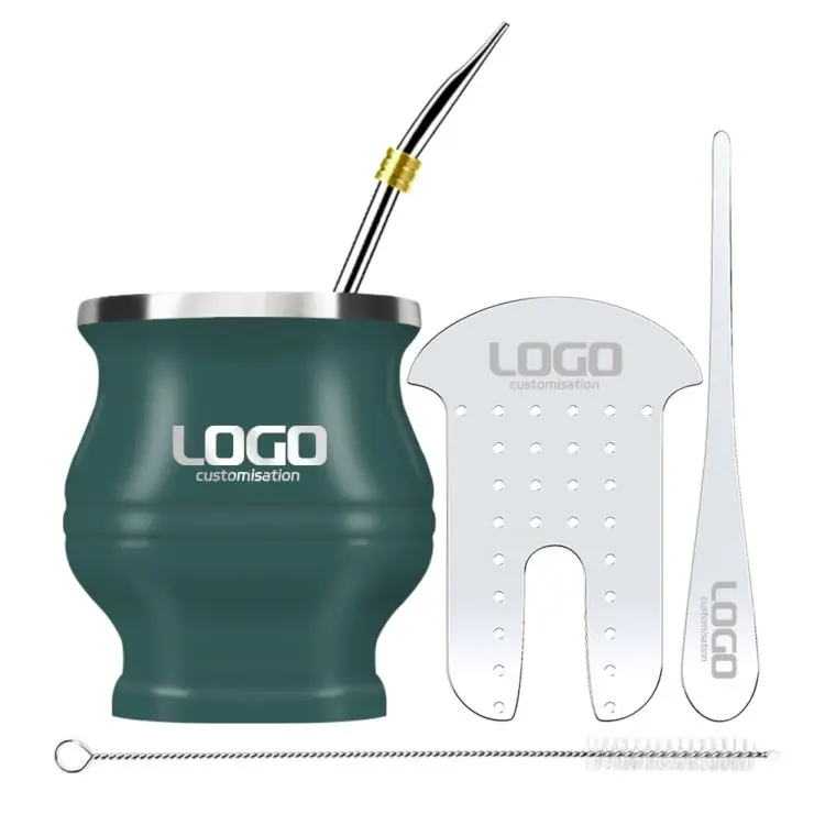 Customized Yerba Mate Cup Set with Mate Tea Shaper Set, Bombilla Straws, Cleaning Brush, Double Walled Stainless Steel Drink Cup