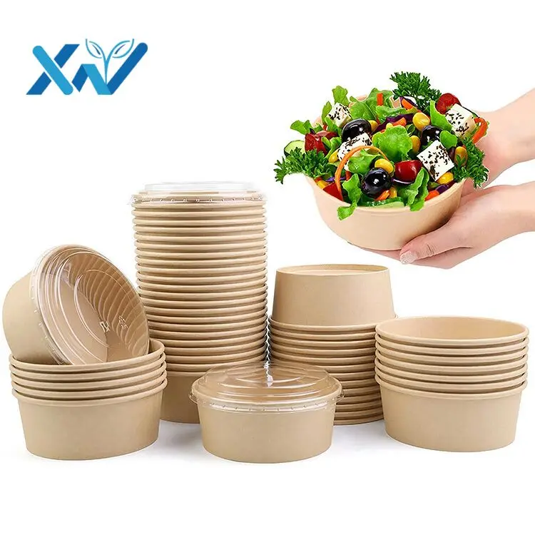 Disposable Logo Custom Printing Food Packing Box Container Salad Bowls Kraft Paper Bowl With Lid