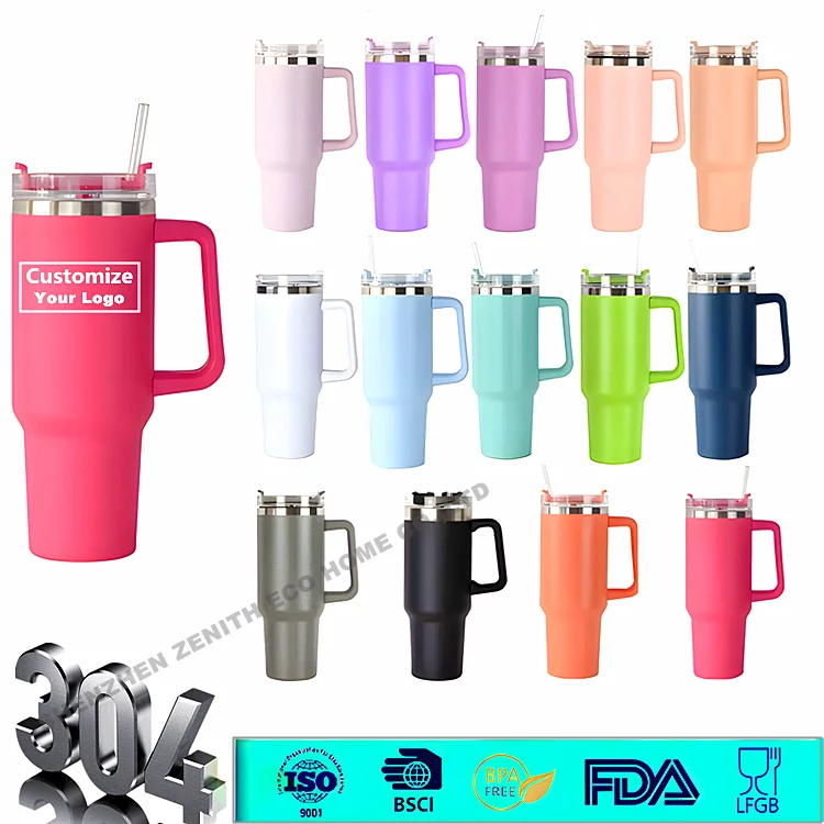 Wholesale Bpa Free Custom Logo 40oz Double Wall Stainless Steel Travel Tumbler Vacuum Insulated Coffee Mugs With Lid Handle
