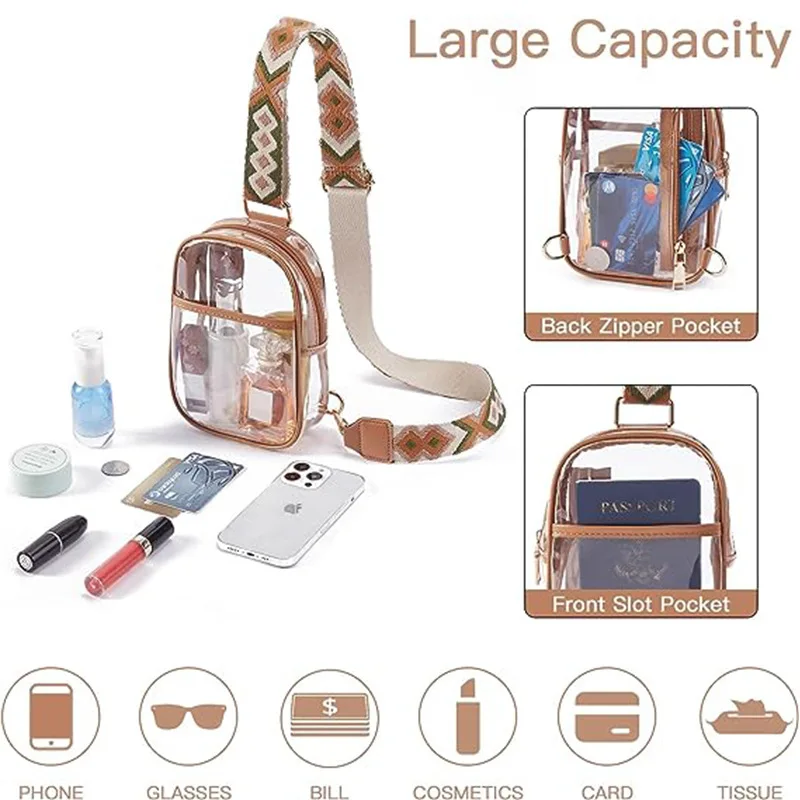 Clear PVC Chest Bag Adjustable Strap Crossbody Waist Bags For Outdoor Guitar Strap Zipper Chest Bag