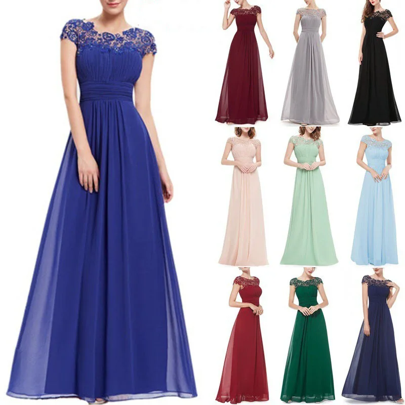 Long Wedding Women Slim Corset Waist Pleats Evening Short Sleeve Round Neck Pattern Lace Tulle Pastel Bridesmaid Dress