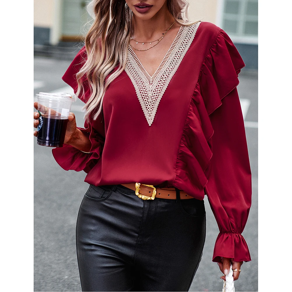2023 Fall Women Clothing Ready to Ship Lace V Neck Ruffle Long Sleeve Tops
