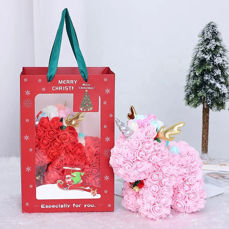 Hot Sale Rose Unicorn Gifts Box for Girlfriend Valentines Day Gift  60cm Big PE  Rose Flower Teddy Bear Valentines Day