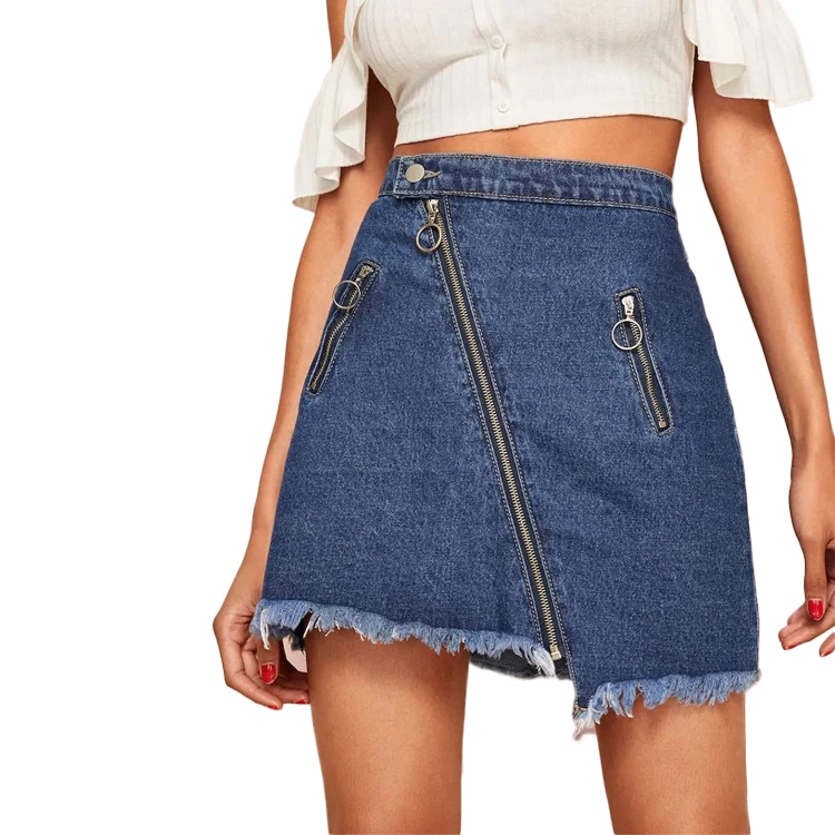 
New fashion zipper ladies skirt WITH POCKET FRAYED HEM Denim Skirt WOMEN SKIRT 