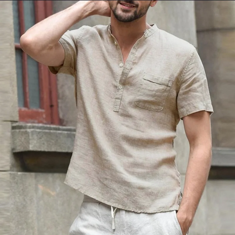 Wholesale Male Short Sleeve Linen Button T-Shirt V-Neck Fashion Summer Solid Casual Cotton Linen T Shirts