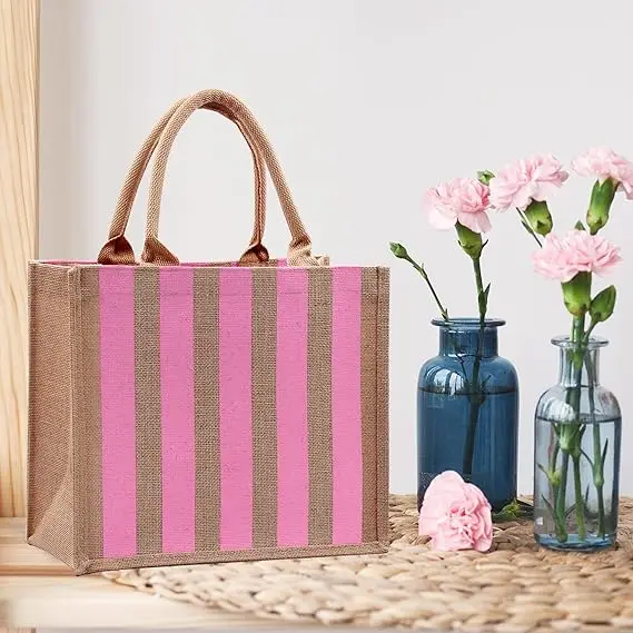 Stylish shopping bridesmaid Flower small tote High quality Custom printed logo Wholesale sales pink stripe print jute bags