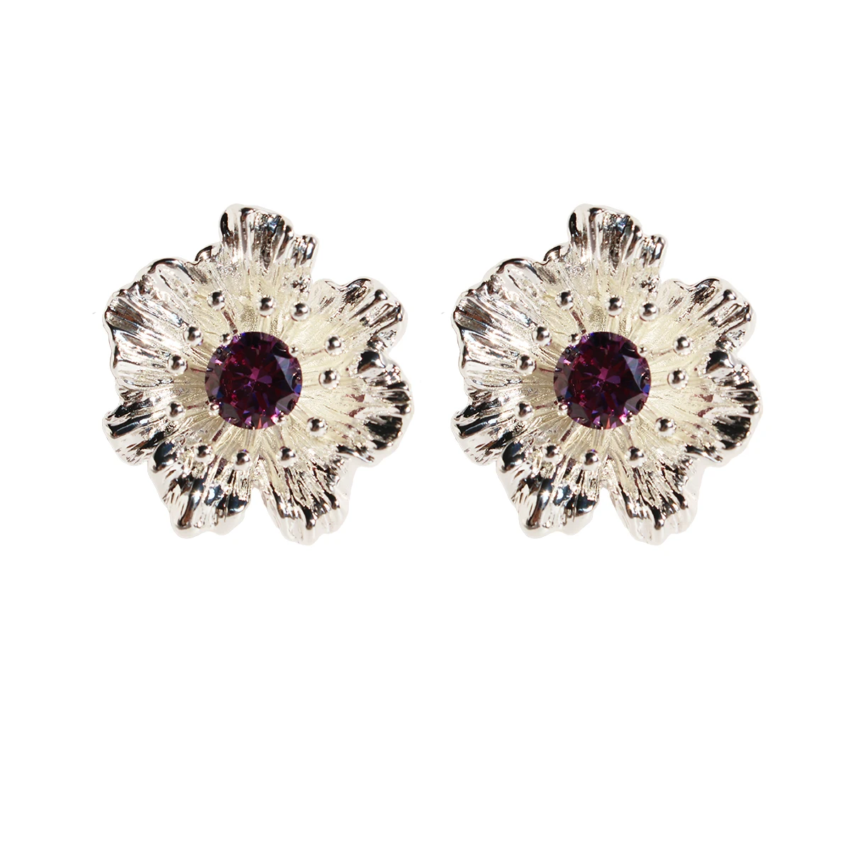 Copper plated real gold small cold silver three-dimensional flower earrings inset purple zircon exaggerated earrings 102