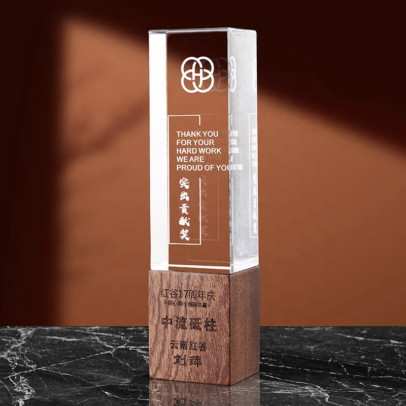 New design high quality Custom Laser Engraving Crystal Block Award wooden crystal trophy