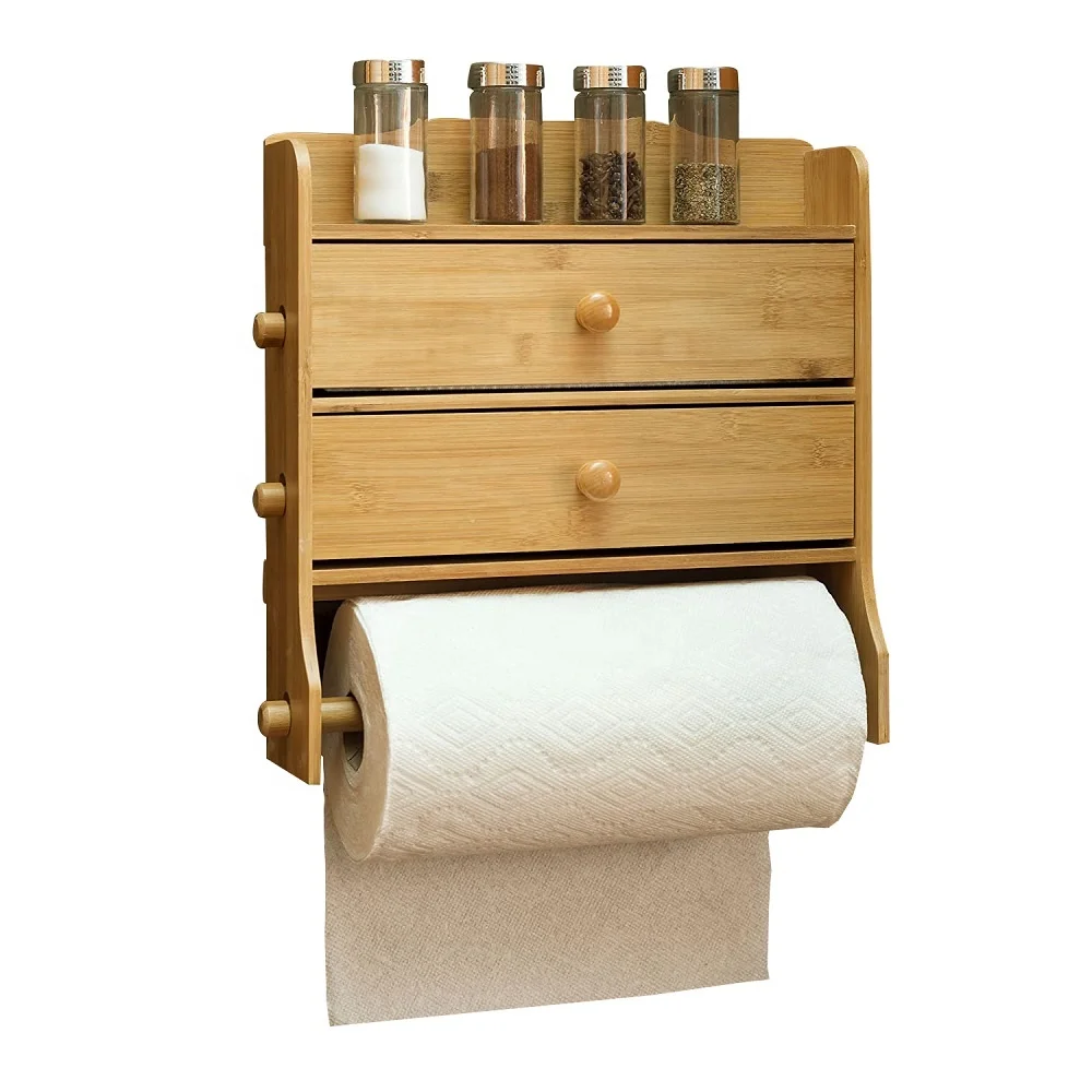 Настенный бамбуковый кухонный стеллаж для хранения специй держатель бумажных полотенец с оберточным (1600426179714)