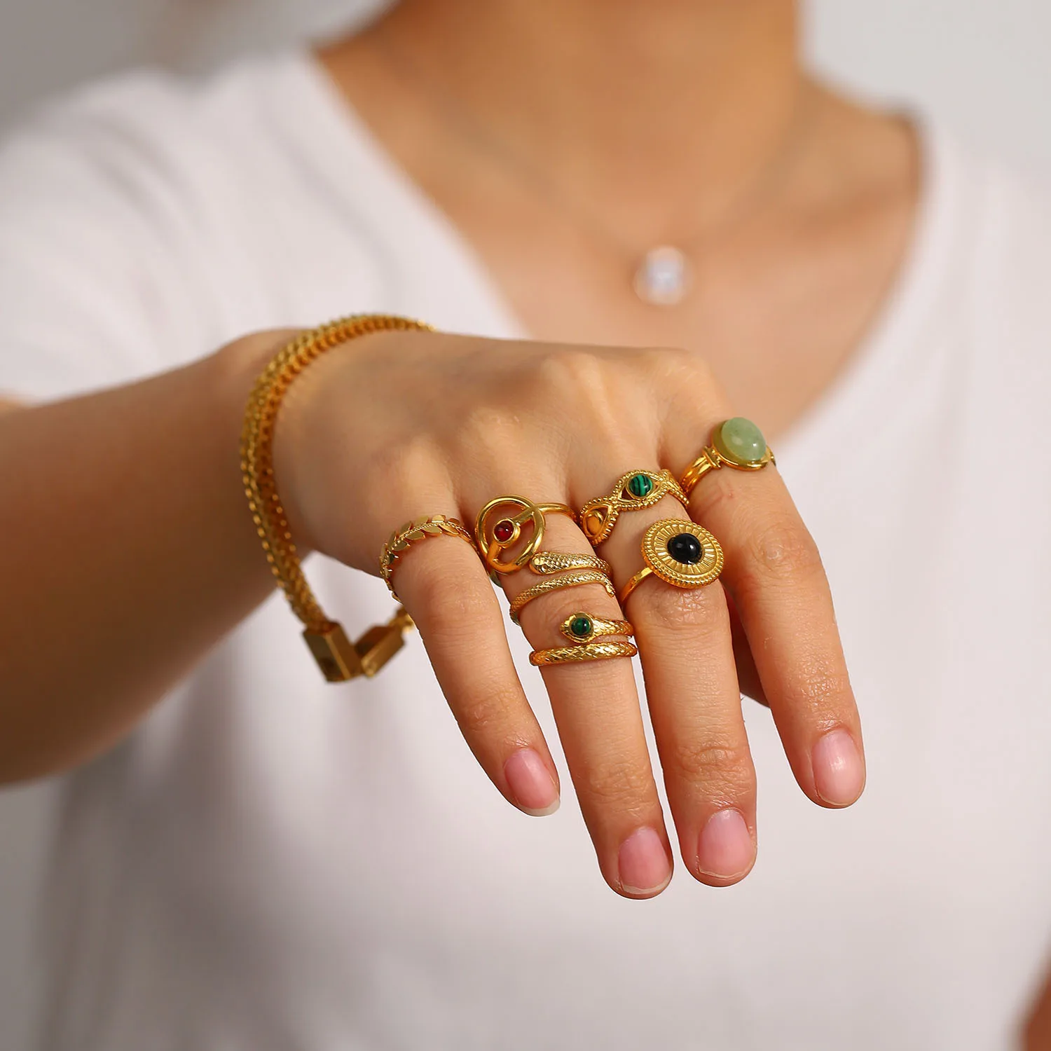 Enamel Oil Drop Ring 18K Gold Plated Stainless Steel Open Ring Popular Custom Jewelry Colored Enamel Natural Stone Open Rings