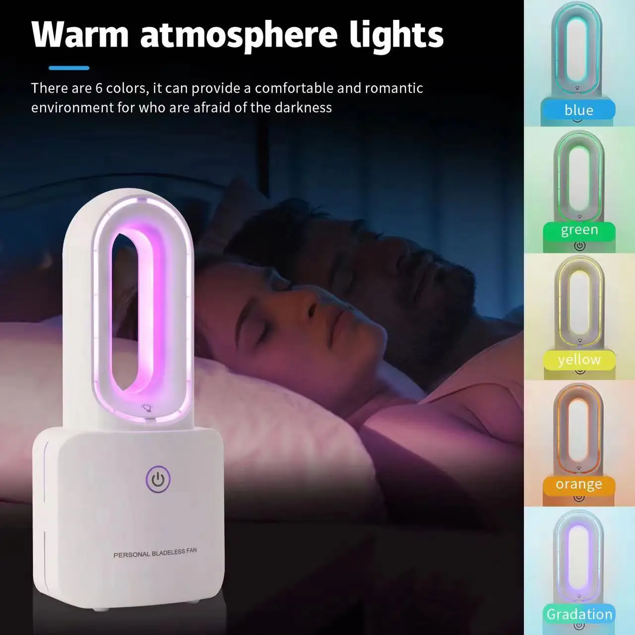 Desk Fan Small Bladeless Personal Fan Quiet Mini Table Fan Rechargeable Air Multiplier with 6-Colors LED Ambient Light