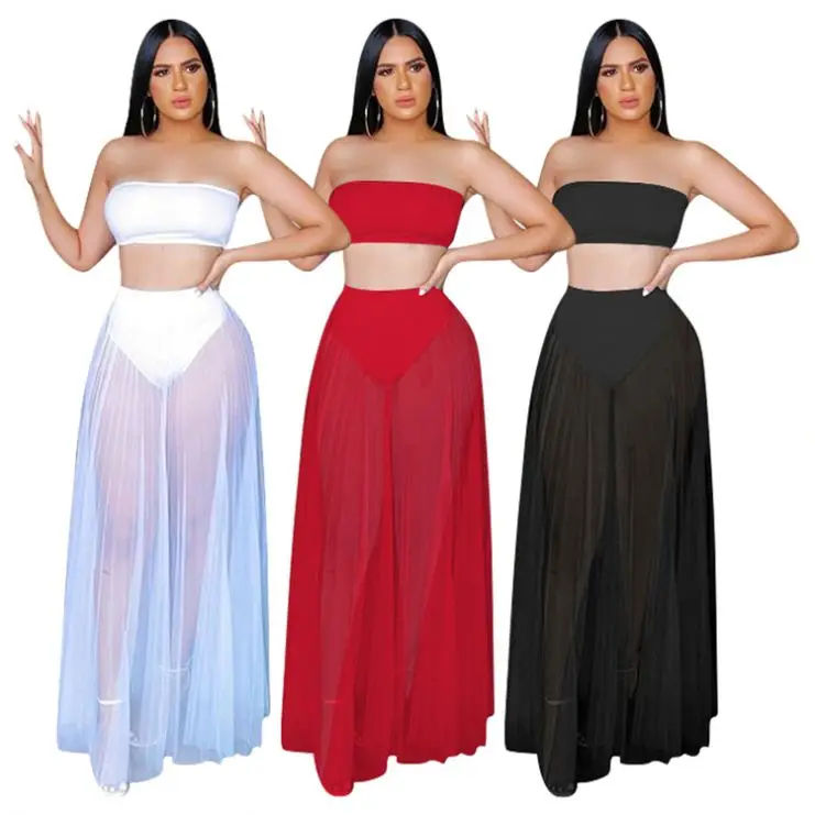 
0320M037 Solid Mesh Tube Top 2021 Summer Sexy 2 Pcs Dress Outfits Long Maxi Skirt And Top Two Piece Set Women Clothing For Women 