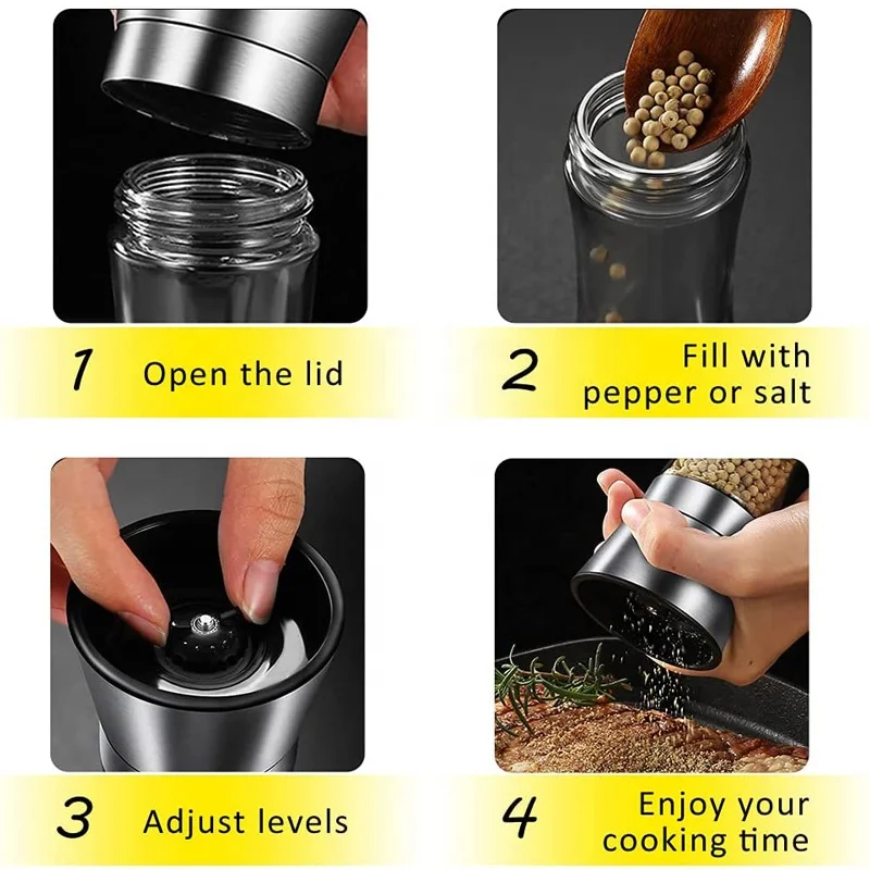 R&D Supported Salt And Pepper Grinder Bottles Stainless Steel Short Glass Shakers With Adjustable Coarseness