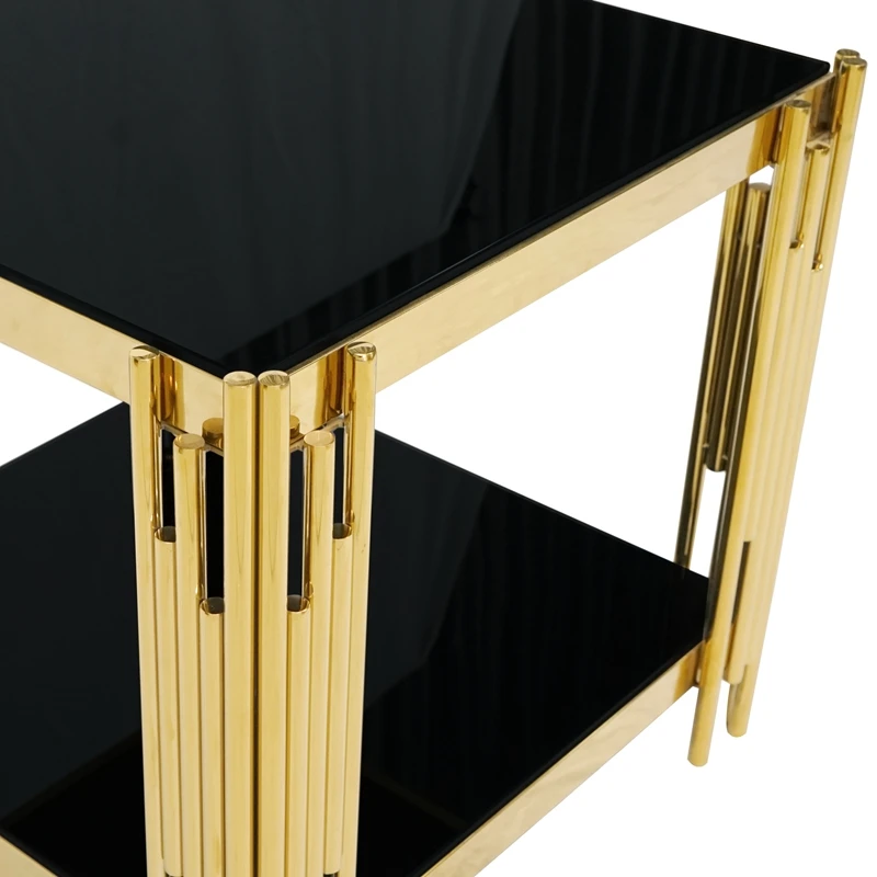 Modern Living Room Golden Stainless Steel Base Black Stand Tempered Glass Top Side Table