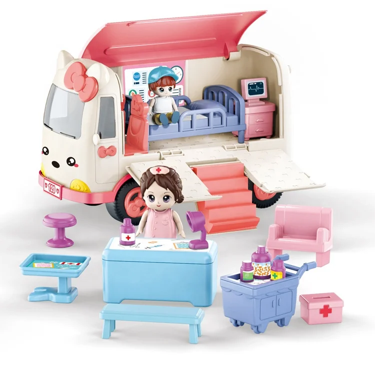 Toys 2023 frictional ambulance car set DIY playhouse games for kids indoor toys car with mini cute dolls gift  for kids