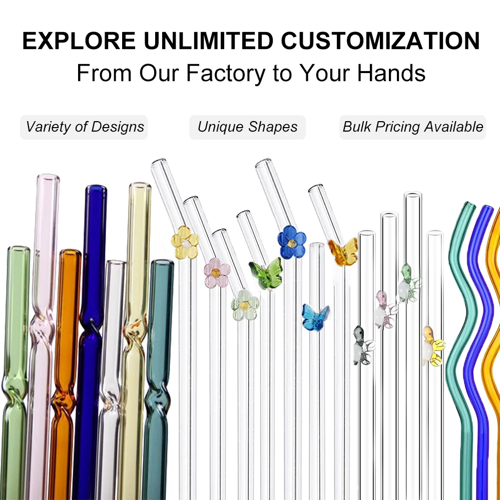 Hot Sale Borosilicate Butterfly Mushroom Glass Drinking Straws High temperature resistance Clear Colored Bent Cocktail Straw
