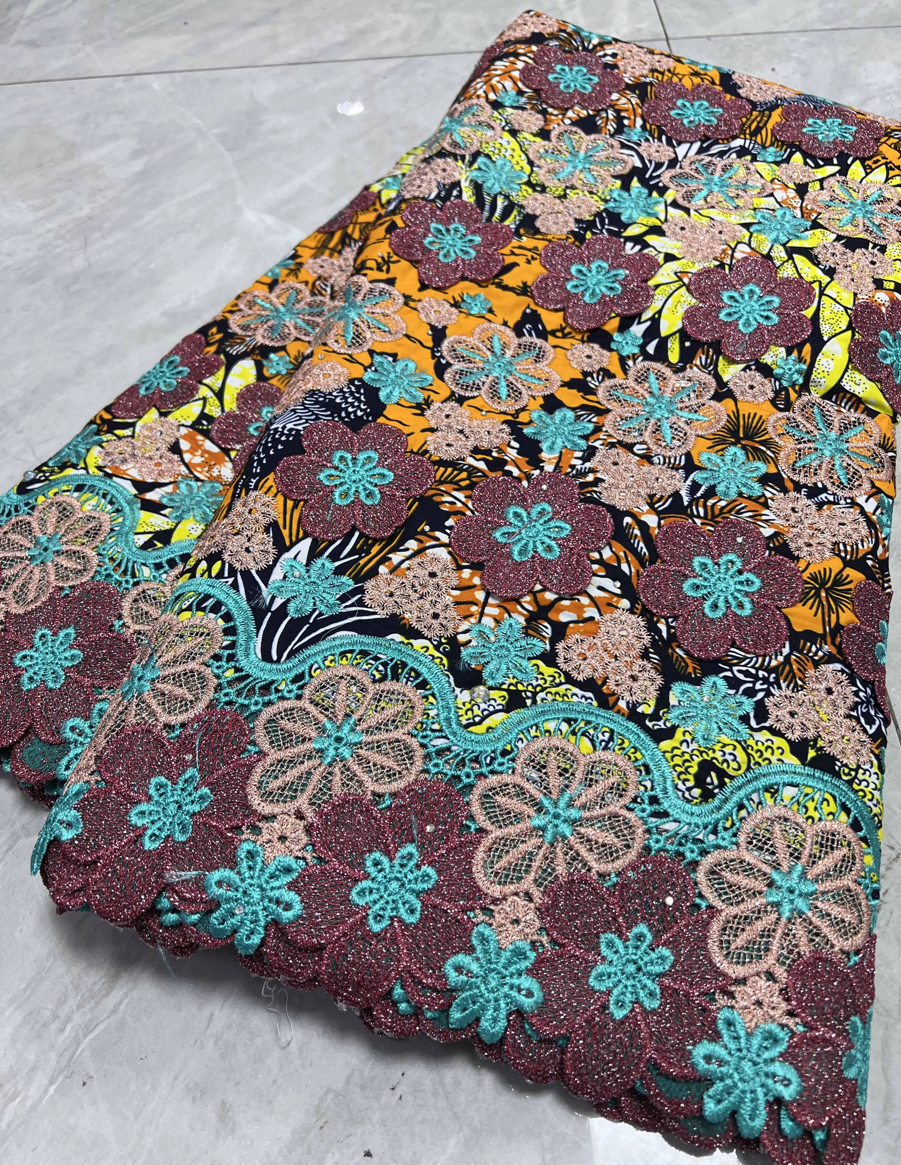 2024 African Wax Lace wax Fabric Embroidery Lace Sewing Sequins Prints Ankara wax Fabric For Wedding Dress 5 yards