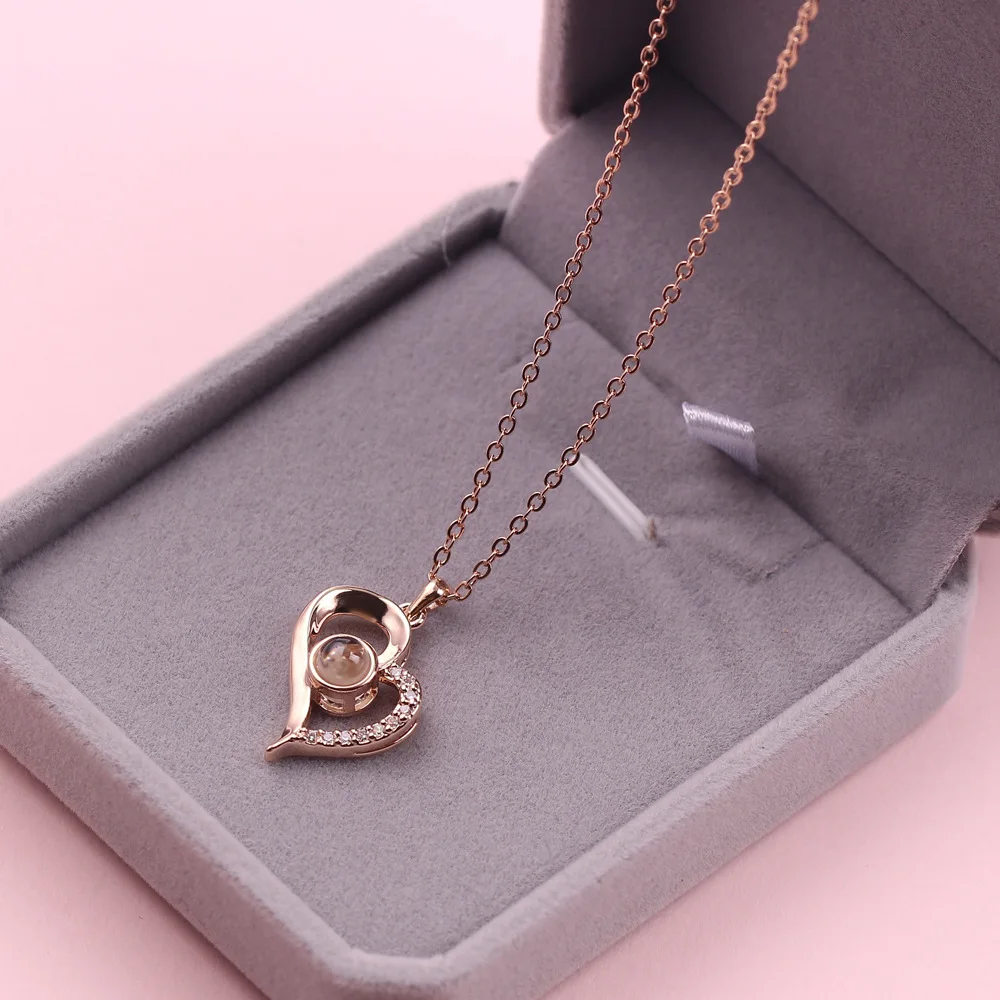 New Style Oblique Heart Shape 100 languages I Love You Projector Necklace for Thanksgiving/Christmas/New Year Gift
