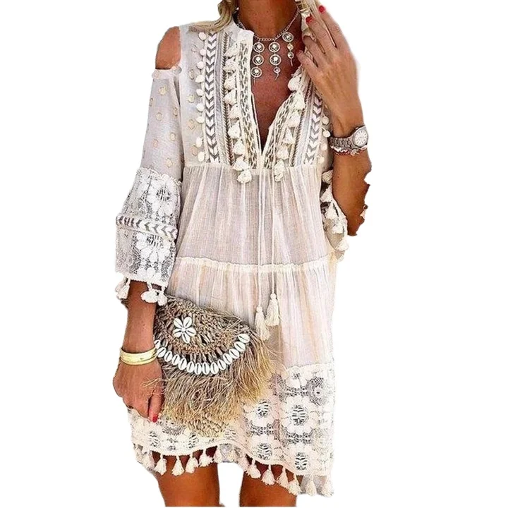 Causal 3/4 Sleeve V Neck Holiday Boho Dresses