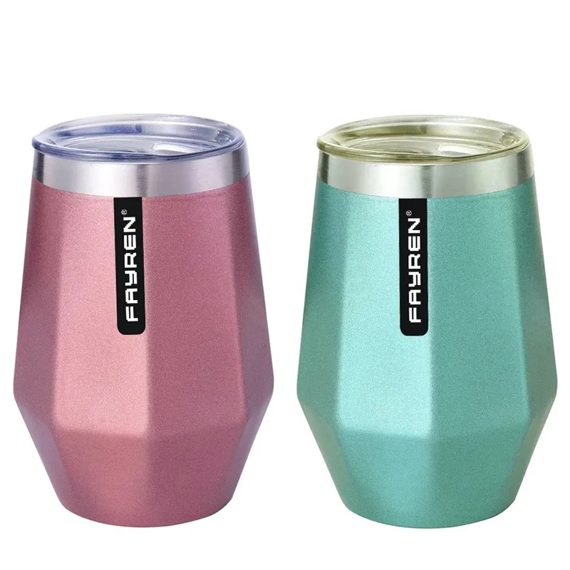 Custom Logo 12oz Diamond Shape Stainless Steel Thermal Insulated Coffee Cup Beer Mug Stemless Wine Tumbler cup With  Lid