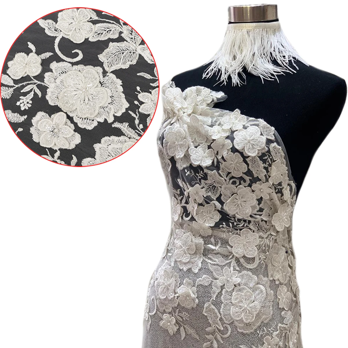 Good Quality African Floral Design White Bridal Embroidery Beaded Tulle Mesh 3D Flower Elegant Wedding Dress Crystal Lace Fabric