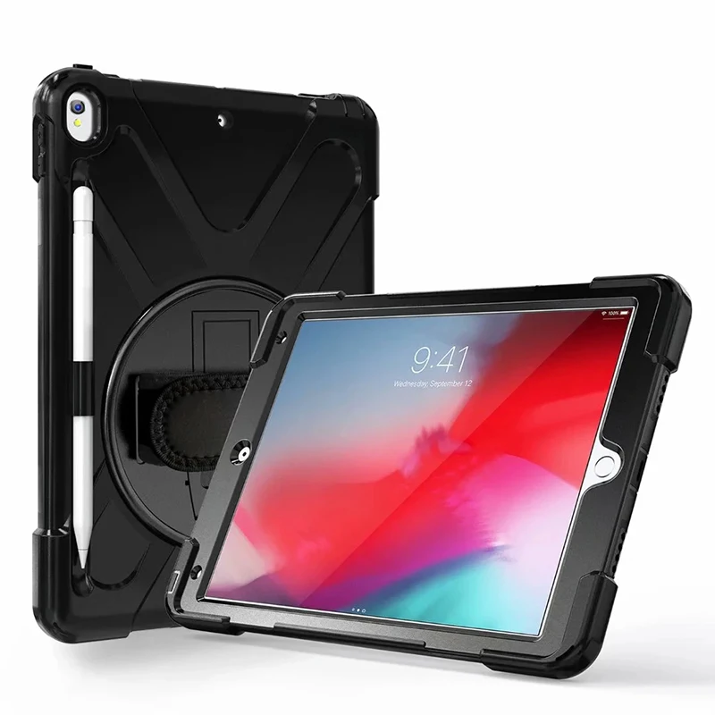 360 Rotation Hand Strap Kickstand Silicon PC Shockproof Tablet Cases Covers For iPad Pro 10.5 with Pen Holder