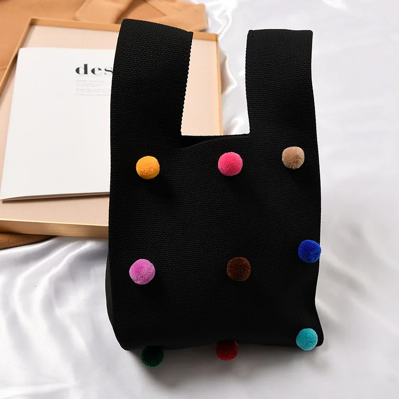 Wholesale Korean Style Ladies Small Clutch Purse Japanese Knitted Knot Bag Women Cute Crochet Clutch Handbag With Pom Pom
